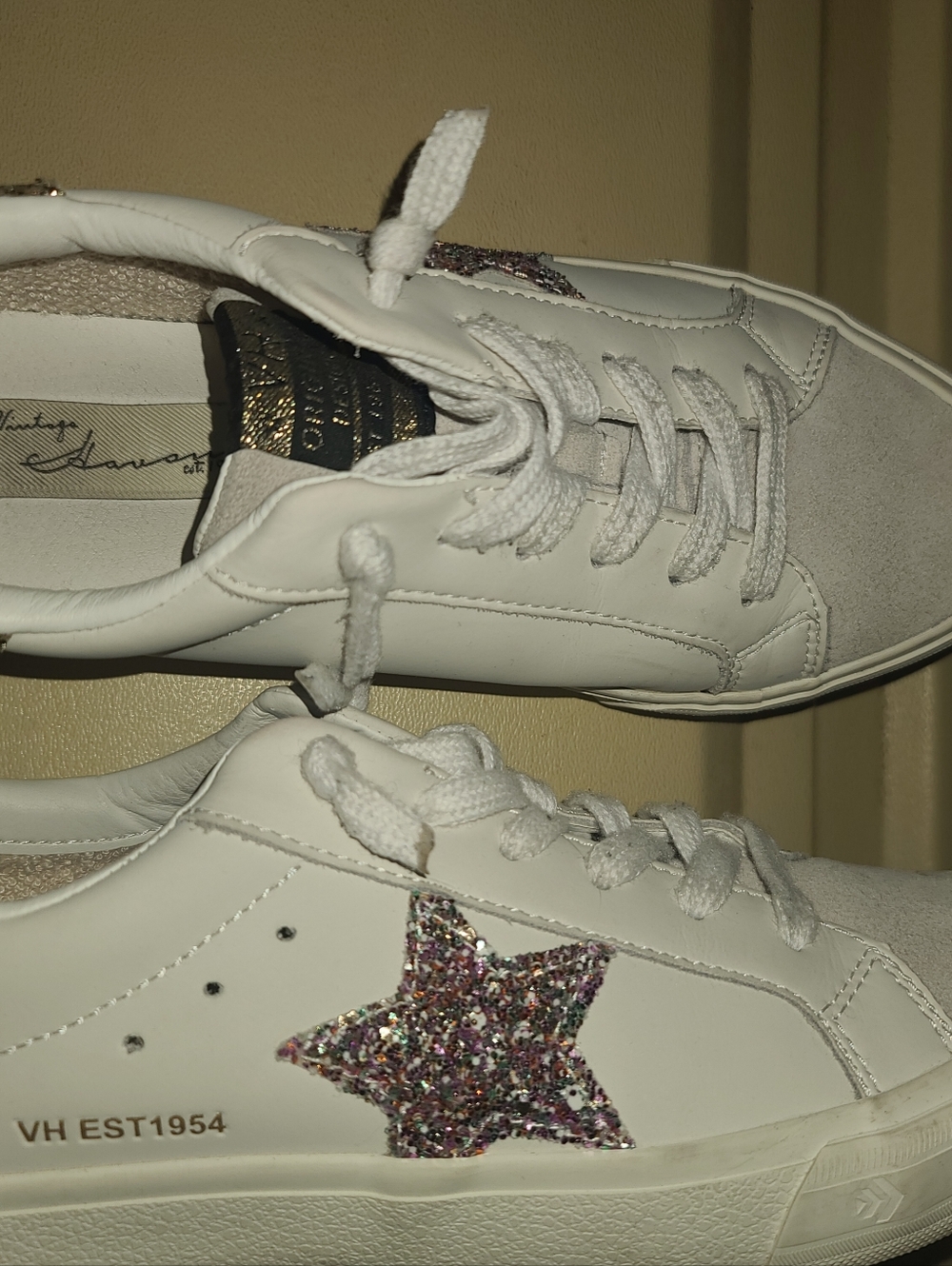 Vintage Havana White Sneakers with Pink-Multicolor Glitter Star